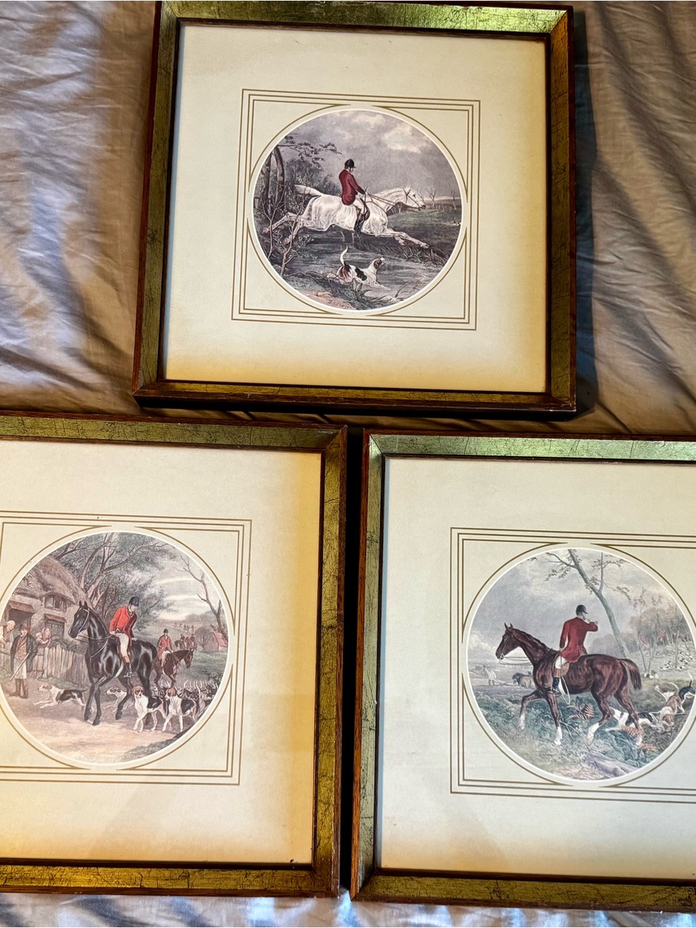 Vintage, Traditional Equestrian Print Set in Distressed Gold Frames